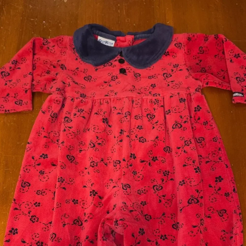 Baby Girl Clothes Vintage Oshkosh 24 Month Red & Blue Ivy Velour Outfit